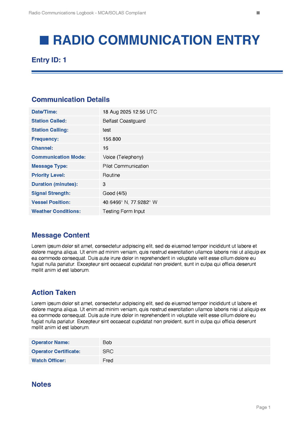 Communications Log - Page 1